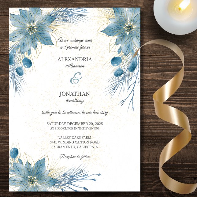 Invitación Boda moderno de Poinsettia Azul y Oro (Subido por el creador)