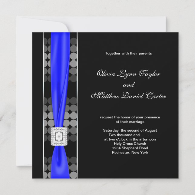 Invitación Boda Moderno de Punto Azul Real Blanco y Negro (Anverso)