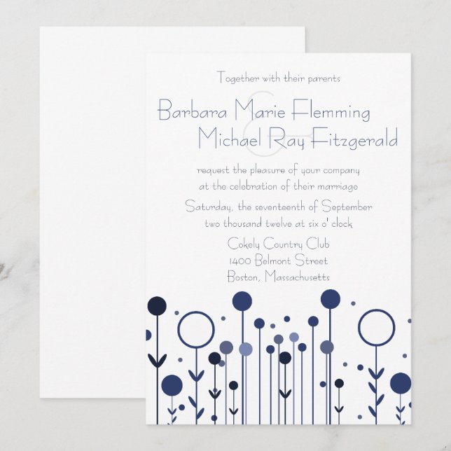 Invitación Boda moderno de punto floral azul simple (Anverso / Reverso)