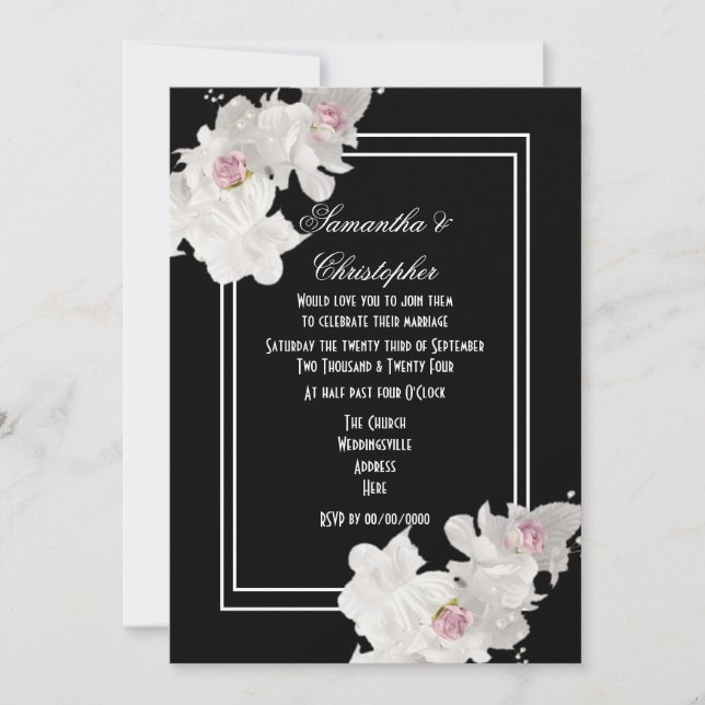 Invitación Boda moderno de ramo floral blanco y negro (Anverso)