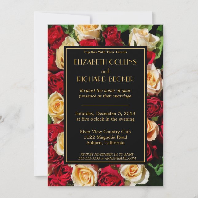 Invitación Boda moderno de rosas rojas y amarillas (Anverso)