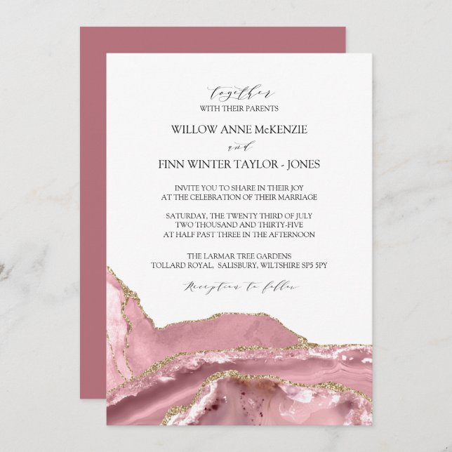 Invitación Boda moderno de Rubor Pink Agate (Anverso / Reverso)