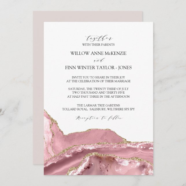 Invitación Boda moderno de Rubor Pink Agate (Anverso / Reverso)