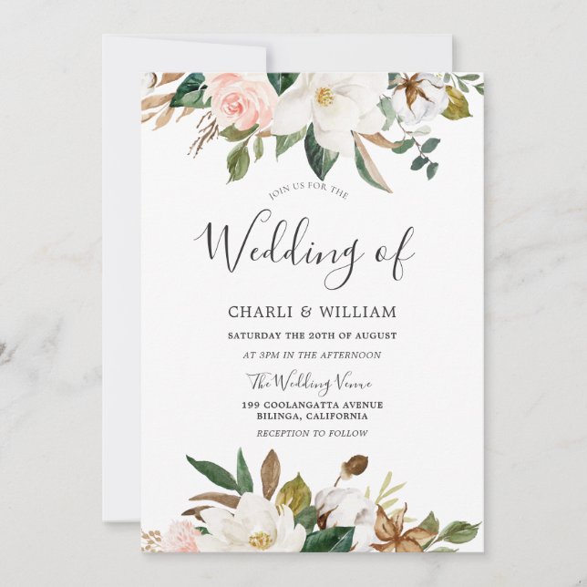 Invitación Boda moderno de Rubor y Floral blanca (Anverso)