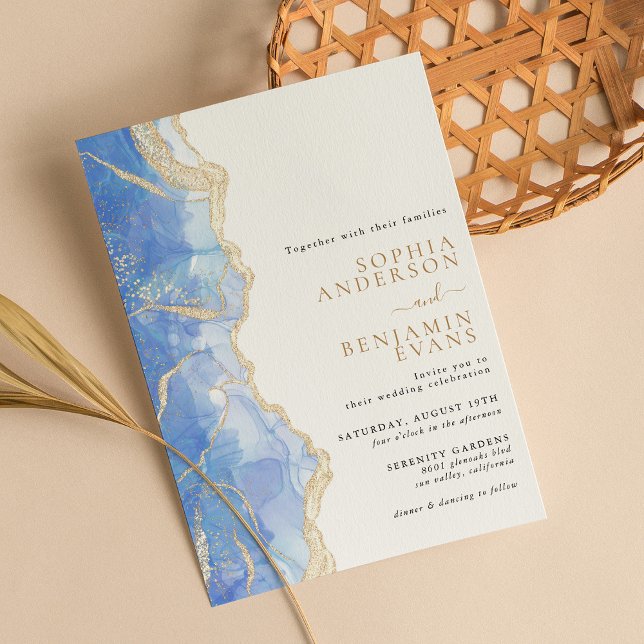 Invitación Boda moderno de Sky Blue Gold Agate (Subido por el creador)