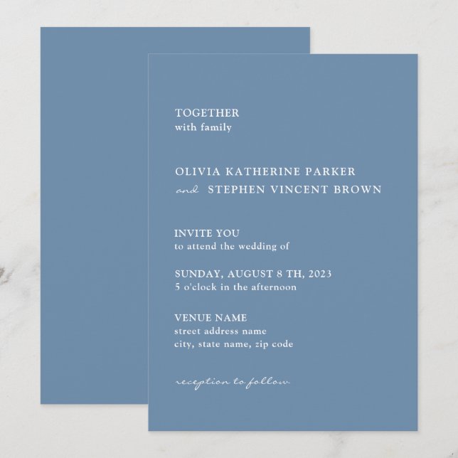 Invitación Boda moderno de tipografía azul turbio (Anverso / Reverso)