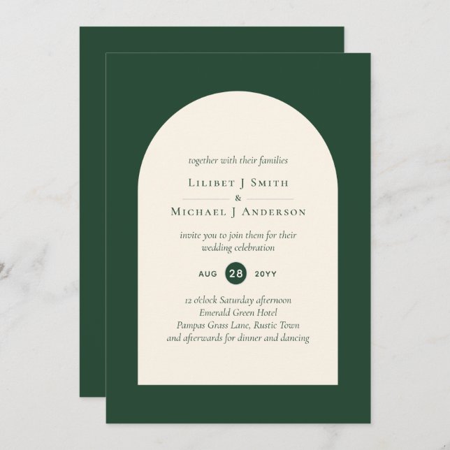 Invitación Boda moderno de tipografía verde esmeralda (Anverso / Reverso)