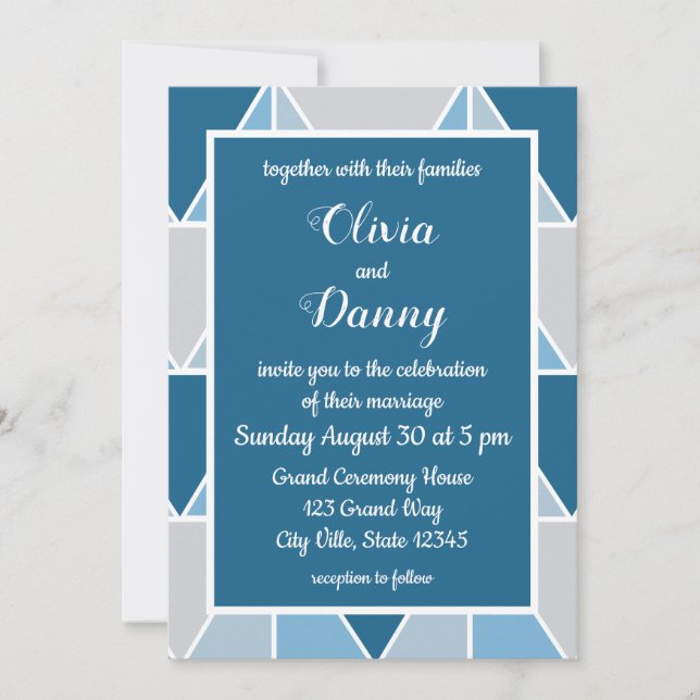 Invitación Boda moderno de triángulos geométricos grises azul (Anverso)
