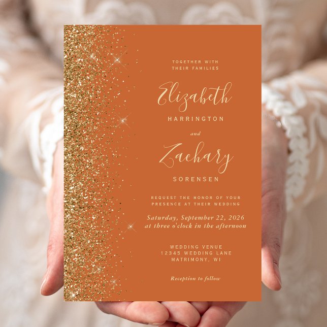 Invitación Boda Moderno Dorado Naranja Quemado Falso Brillo B (Subido por el creador)