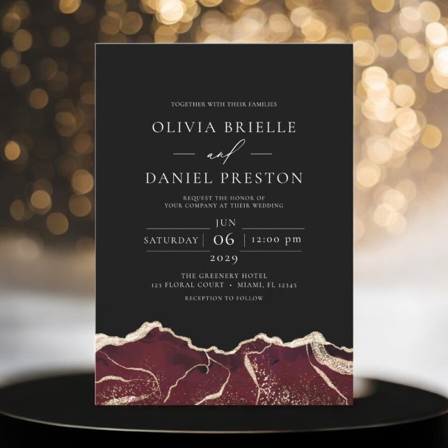 Invitación Boda moderno elegante de Burgundy Gold Agate (Subido por el creador)