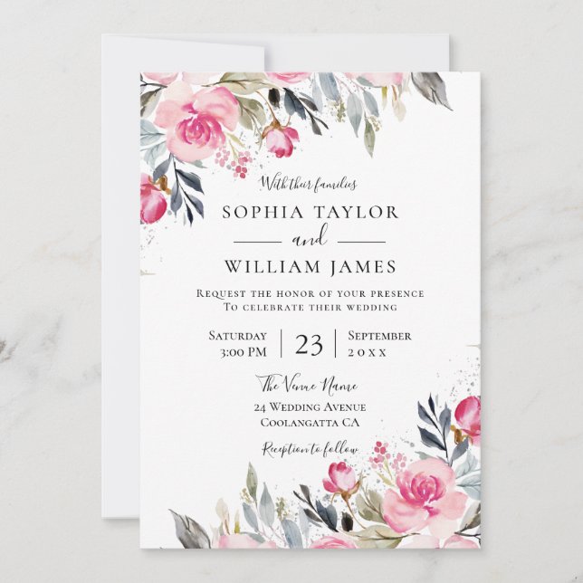 Invitación Boda moderno elegante de flores rosas de Rubor