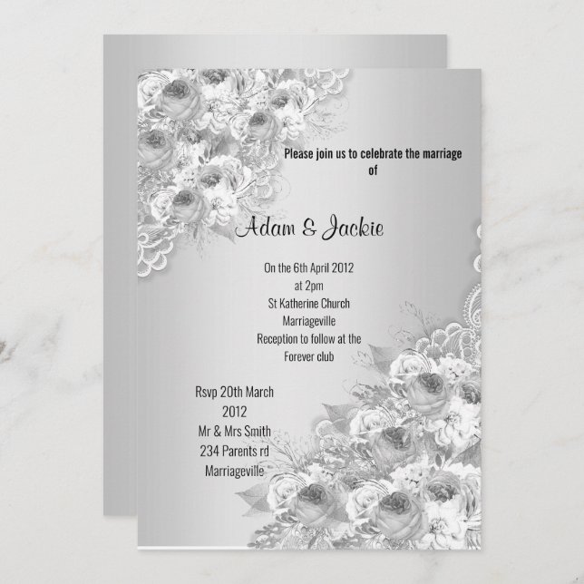 Invitación Boda MODERNO ELEGANTE DE LACE floral plateado (Anverso / Reverso)
