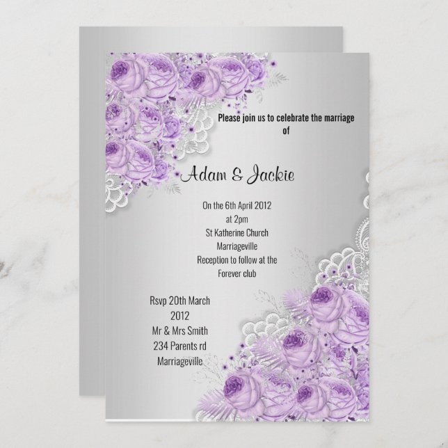 Invitación Boda MODERNO ELEGANTE DE LACE floral plateado (Anverso / Reverso)