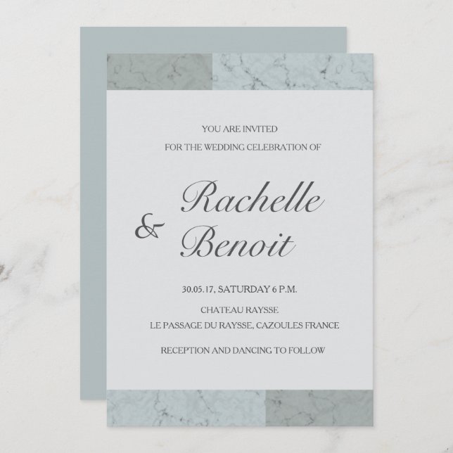 Invitación Boda moderno elegante de mármol gris azul prudente (Anverso / Reverso)