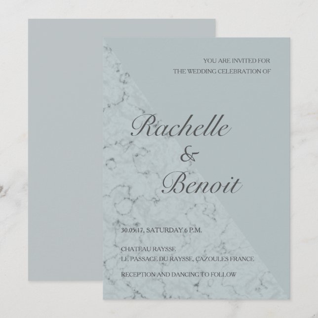 Invitación Boda moderno elegante de mármol gris azul prudente (Anverso / Reverso)