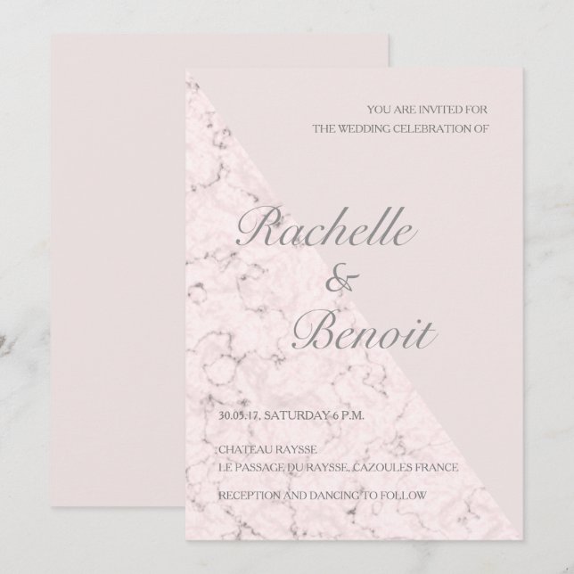 Invitación boda moderno elegante de mármol gris rosa de Rubor (Anverso / Reverso)