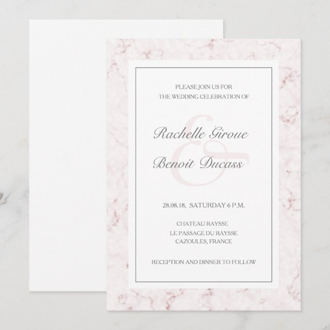 Invitación Boda moderno elegante de mármol rosa blanco (Anverso / Reverso)
