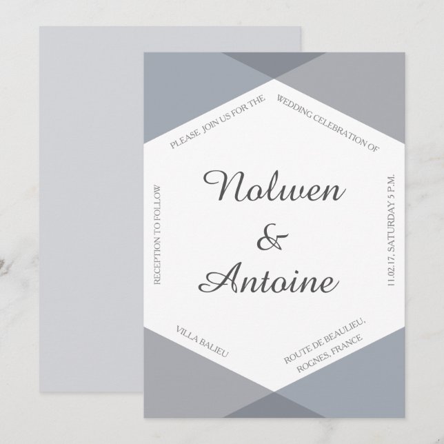 Invitación Boda moderno elegante del hexágono gris de Lilac (Anverso / Reverso)
