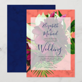 Invitación Boda moderno elegante floral de coral azul de la m
