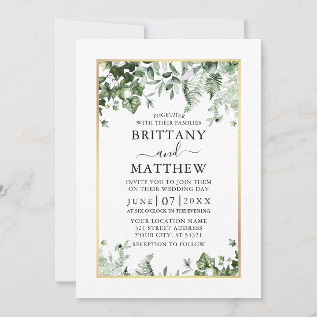 Invitación Boda Moderno Elegante Ivy Sage Greenery Gold (Anverso)