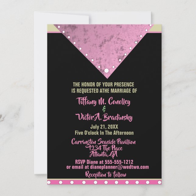 Invitación Boda moderno elegante negro, rosa y dorado (Anverso)