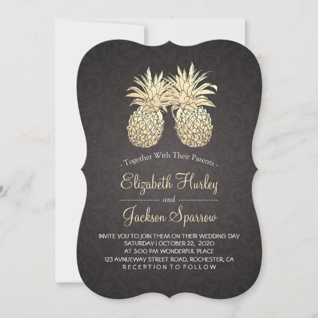 Invitación Boda Moderno Elegante Pareja de Piña de Oro Negro (Anverso)