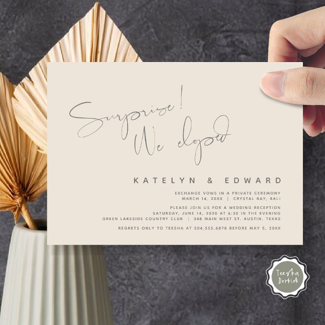 Invitación Boda moderno Elopement, Sorpresa, nos fugamos (Modern Wedding Elopement, Surprise, we eloped, dinner Invitation Card, PDF, in Dark Grey and Cream)