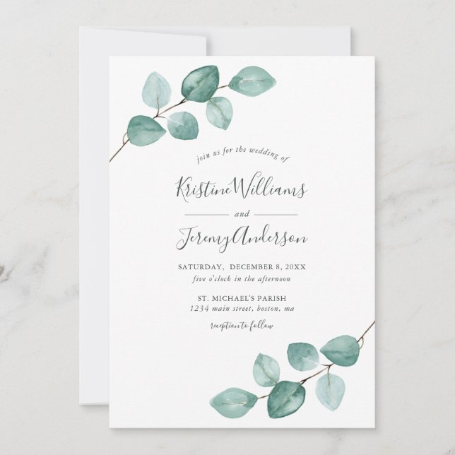 Invitación Boda moderno Eucalyptus Watercolor Negro Script  (Anverso)