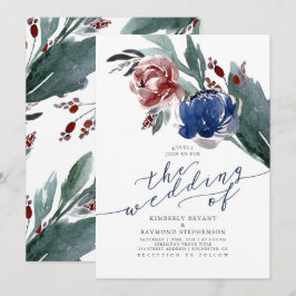 Invitación Boda moderno floral azul marino y borgoña rojo