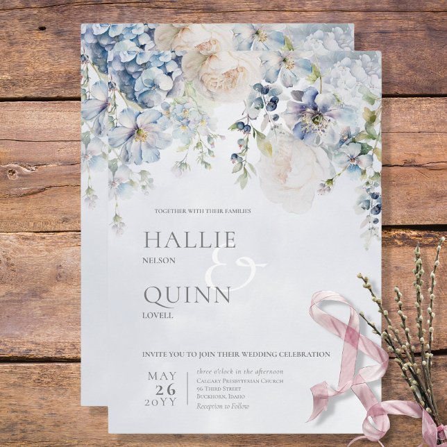 Invitación Boda moderno floral azul y blanco (Subido por el creador)