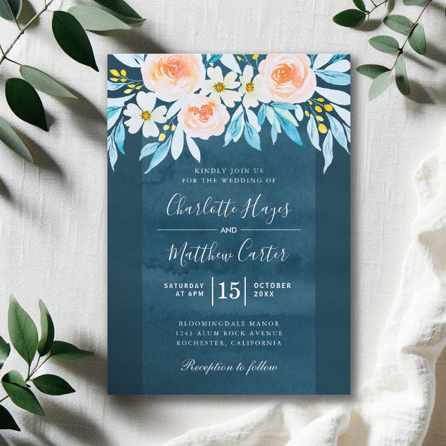 Invitación Boda moderno floral de color azul marino (Subido por el creador)