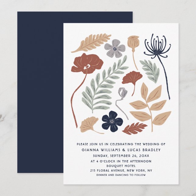 Invitación Boda moderno floral de flores de secuoya azul simp (Anverso / Reverso)
