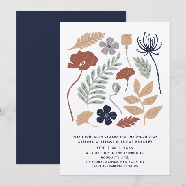 Invitación Boda moderno floral de flores de secuoya azul simp (Anverso / Reverso)