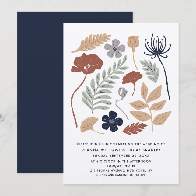 Invitación Boda moderno floral de flores de secuoya azul simp (Anverso / Reverso)
