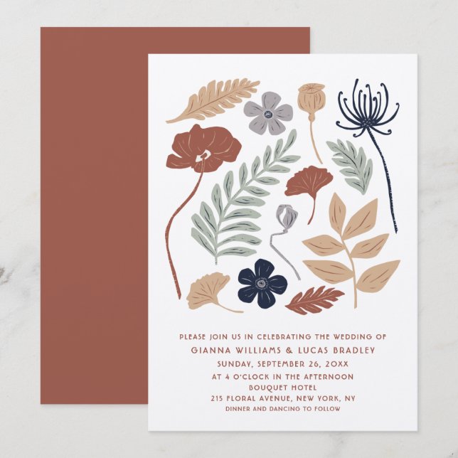 Invitación Boda moderno floral de flores de secuoya azul simp (Anverso / Reverso)