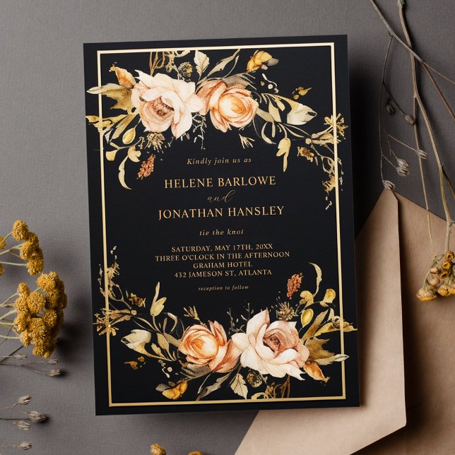 Invitación Boda moderno floral elegante negro (Black Elegant Floral Modern Wedding Invitation)