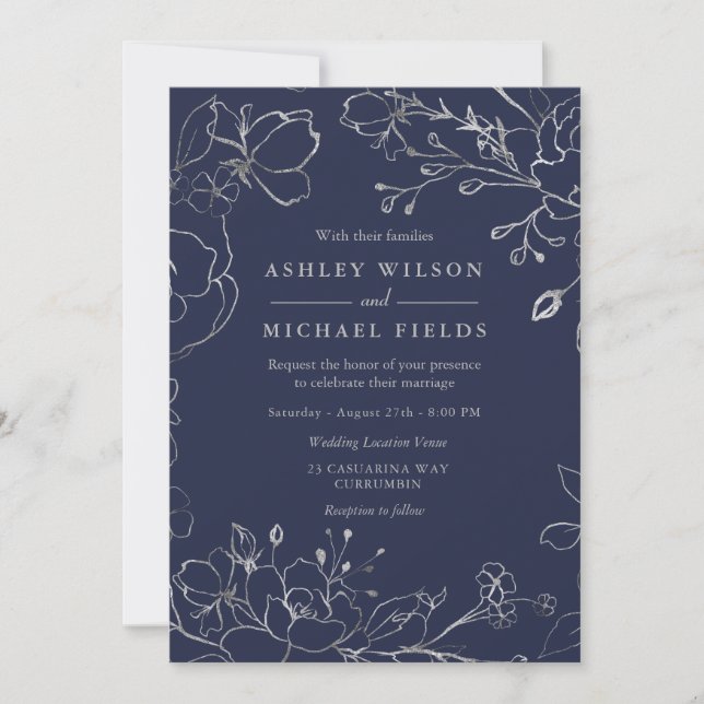 Invitación Boda moderno floral gris azul y plateado de la Mar (Anverso)