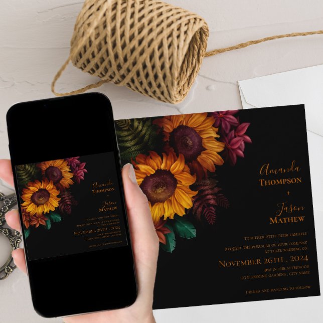 Invitación Boda moderno floral Naranja quemado negro vibrante (Vibrant Black Burnt Orange Floral Modern Wedding Invitation)