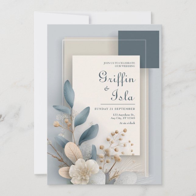 Invitación Boda moderno geométrico botánico azul y beige (Anverso)