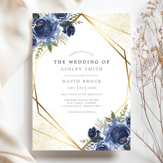 Invitación Boda moderno geométrico de oro floral azul marino (Subido por el creador)