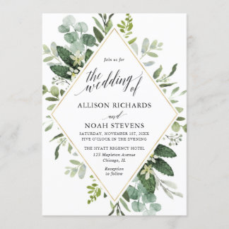 Invitación Boda moderno geométrico de oro verde eucalipto