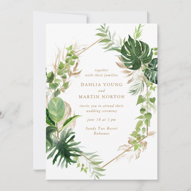 Invitación Boda moderno geométrico del oro de la vegetación t (Anverso)