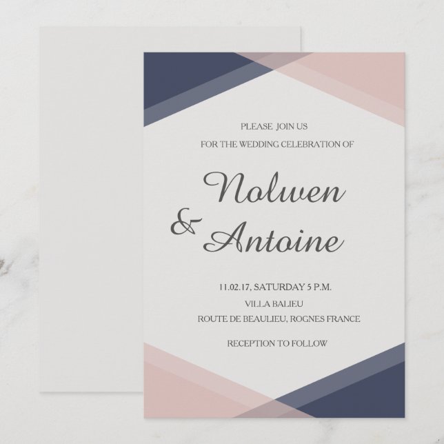 Invitación boda moderno geométrico elegante y rosa Rubor (Anverso / Reverso)