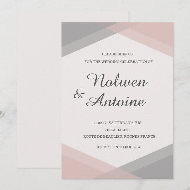 Invitación boda moderno geométrico gris rosa Rubor (Anverso / Reverso)