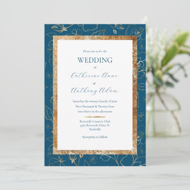 Invitación Boda moderno Gold Floral Blue (Anverso de pie)