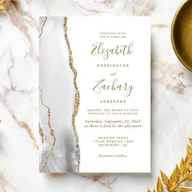 Invitación Boda moderno Gray Gold White Agate (Subido por el creador)