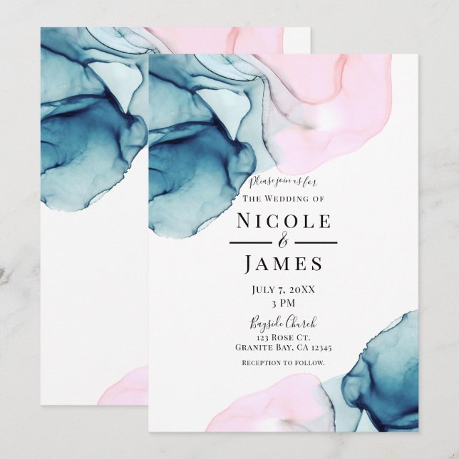 Invitación Boda moderno inky etéreo Verde azulado rosa elegan (Anverso / Reverso)
