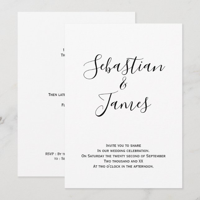 Invitación Boda moderno manuscrito blanco y negro (Anverso / Reverso)