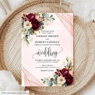 Invitación Boda moderno Merlot Gold Rubor Flores minimales