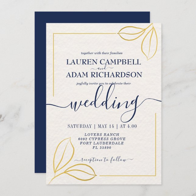 Invitación Boda moderno Minimal Gold Leaf y Blue txt (Anverso / Reverso)